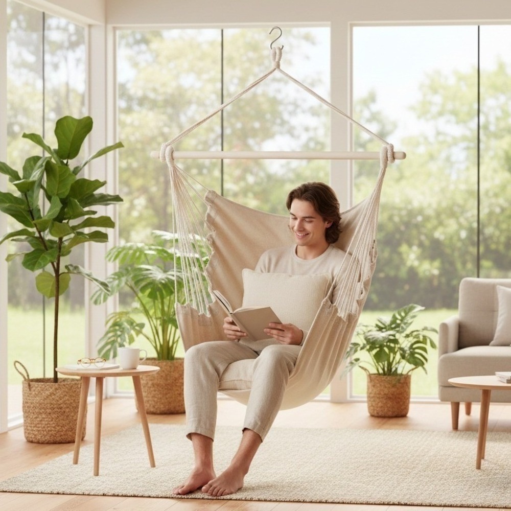 Hanging Rope Swing Chair with Detachable Metal Support Bar & Two Seat Cushions